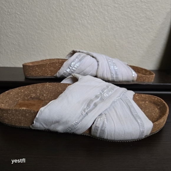 Figue Shoes - Figue criss cross cork fabric sandals slides silver white 6